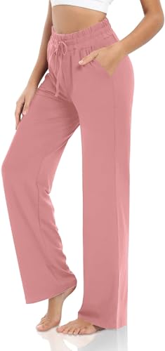 VIGVAN Jogginghose Damen Baumwolle Weites Bein Yogahose Sweatpants Freizeithose Lang Kordelzug Lose Lounge Pants Jogging Hose Hausehose Sporthose mit Taschen (Rosa, M) von VIGVAN