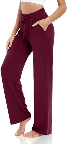 VIGVAN Jogginghose Damen Baumwolle Weites Bein Yogahose Sweatpants Freizeithose Lang Kordelzug Lose Lounge Pants Jogging Hose Hausehose Sporthose mit Taschen (Weinrot, L) von VIGVAN