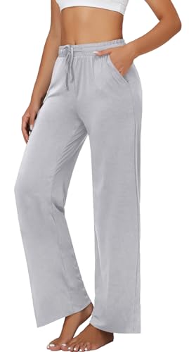 VIGVAN Jogginghose Damen Yogahose Weites Bein Freizeithose Trainingshose Sporthose Aktive Freizeit Gerades Bein Kordelzug Lose Lounge Pants mit Taschen (Grau, M) von VIGVAN