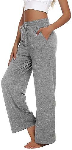 VIGVAN Jogginghose Damen Yogahose Weites Bein Freizeithose Trainingshose Sporthose Aktive Freizeit Gerades Bein Kordelzug Lose Lounge Pants mit Taschen (Hellgrau, L) von VIGVAN