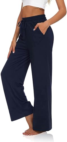 VIGVAN Jogginghose Damen Yogahose Weites Bein Freizeithose Trainingshose Sporthose Aktive Freizeit Gerades Bein Kordelzug Lose Lounge Pants mit Taschen (Navy Blau, M-2) von VIGVAN