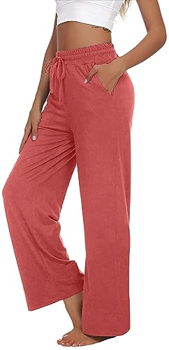 VIGVAN Jogginghose Damen Yogahose Weites Bein Freizeithose Trainingshose Sporthose Aktive Freizeit Gerades Bein Kordelzug Lose Lounge Pants mit Taschen (Rosa, XXL-1) von VIGVAN