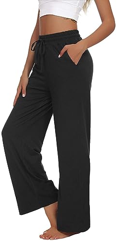 VIGVAN Jogginghose Damen Yogahose Weites Bein Freizeithose Trainingshose Sporthose Aktive Freizeit Gerades Bein Kordelzug Lose Lounge Pants mit Taschen (Schwarz, M-2) von VIGVAN