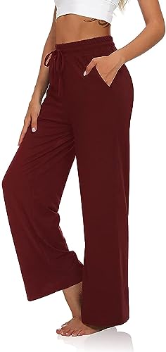 VIGVAN Jogginghose Damen Yogahose Weites Bein Freizeithose Trainingshose Sporthose Aktive Freizeit Gerades Bein Kordelzug Lose Lounge Pants mit Taschen (Weinrot, XXL-2) von VIGVAN