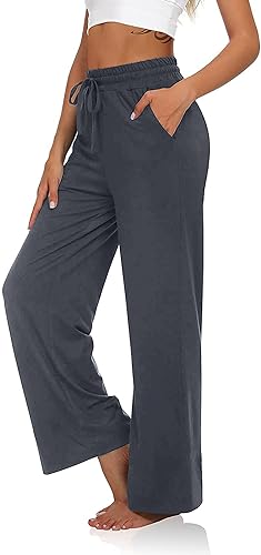 VIGVAN Jogginghose Damen Yogahose Weites Bein Freizeithose Trainingshose Sporthose Aktive Freizeit Gerades Bein Kordelzug Lose Lounge Pants mit Taschen (Dunkelgrau, L) von VIGVAN