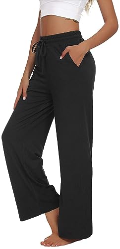 VIGVAN Jogginghose Damen Yogahose Weites Bein Freizeithose Trainingshose Sporthose Aktive Freizeit Gerades Bein Kordelzug Lose Lounge Pants mit Taschen (Schwarz, L) von VIGVAN