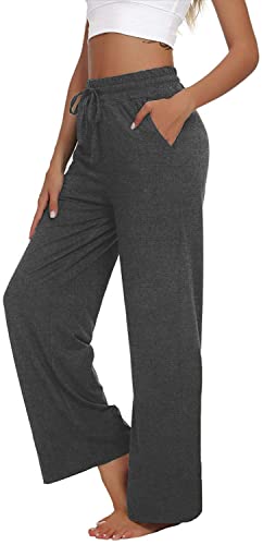 VIGVAN Jogginghose Damen Yogahose Weites Bein Freizeithose Trainingshose Sporthose Aktive Freizeit Gerades Bein Kordelzug Lose Lounge Pants mit Taschen (B-Dunkelgrau, L) von VIGVAN