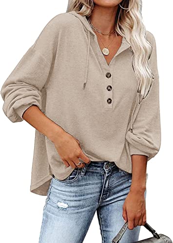 VIGVAN Kapuzenpullover Damen Hoodie Langarm V-Ausschnitt Pullover Knopfleiste Henley Sweatshirt mit Kapuze Kordelzug Oberteil (Aprikose,L) von VIGVAN