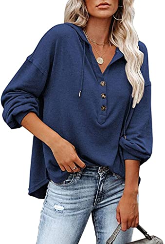 VIGVAN Kapuzenpullover Damen Hoodie Langarm V-Ausschnitt Pullover Knopfleiste Henley Sweatshirt mit Kapuze Kordelzug Oberteil (Blau,L) von VIGVAN