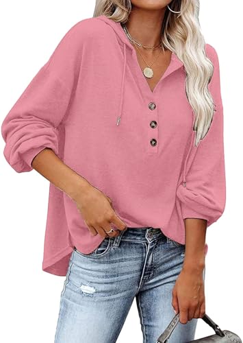 VIGVAN Kapuzenpullover Damen Hoodie Langarm V-Ausschnitt Pullover Knopfleiste Henley Sweatshirt mit Kapuze Kordelzug Oberteil (Dunkelrosa,S) von VIGVAN