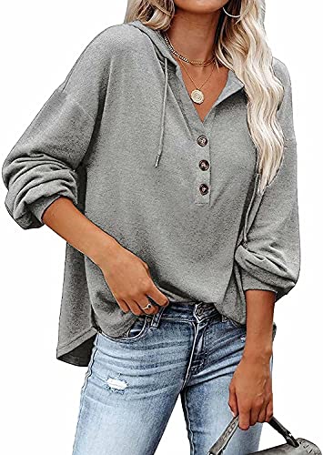 VIGVAN Kapuzenpullover Damen Hoodie Langarm V-Ausschnitt Pullover Knopfleiste Henley Sweatshirt mit Kapuze Kordelzug Oberteil (Grau,M) von VIGVAN