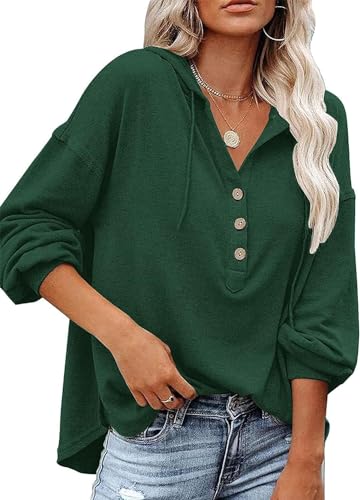 VIGVAN Kapuzenpullover Damen Hoodie Langarm V-Ausschnitt Pullover Knopfleiste Henley Sweatshirt mit Kapuze Kordelzug Oberteil (Grün,S) von VIGVAN