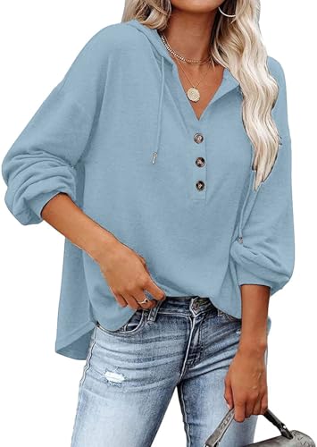 VIGVAN Kapuzenpullover Damen Hoodie Langarm V-Ausschnitt Pullover Knopfleiste Henley Sweatshirt mit Kapuze Kordelzug Oberteil (Hellblau,XXL-1) von VIGVAN
