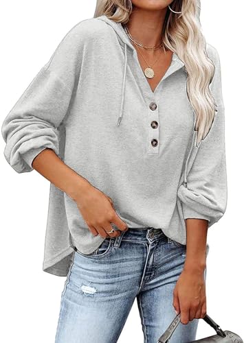 VIGVAN Kapuzenpullover Damen Hoodie Langarm V-Ausschnitt Pullover Knopfleiste Henley Sweatshirt mit Kapuze Kordelzug Oberteil (Hellgrau,L) von VIGVAN