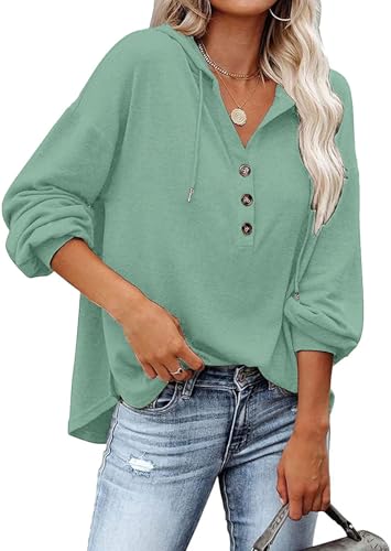 VIGVAN Kapuzenpullover Damen Hoodie Langarm V-Ausschnitt Pullover Knopfleiste Henley Sweatshirt mit Kapuze Kordelzug Oberteil (Hellgrün,S) von VIGVAN