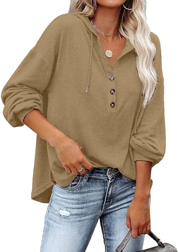 VIGVAN Kapuzenpullover Damen Hoodie Langarm V-Ausschnitt Pullover Knopfleiste Henley Sweatshirt mit Kapuze Kordelzug Oberteil (Khaki,L) von VIGVAN