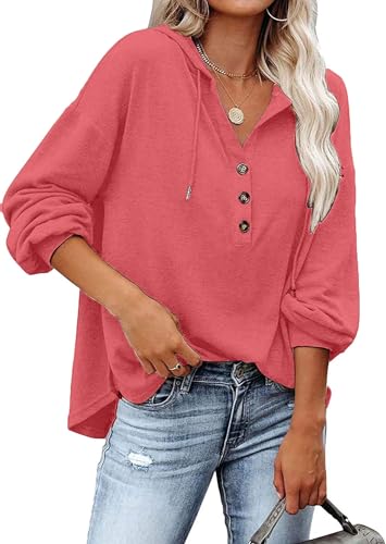 VIGVAN Kapuzenpullover Damen Hoodie Langarm V-Ausschnitt Pullover Knopfleiste Henley Sweatshirt mit Kapuze Kordelzug Oberteil (Rot,S) von VIGVAN