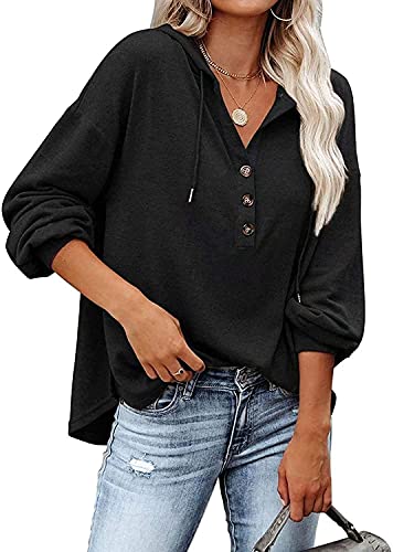 VIGVAN Kapuzenpullover Damen Hoodie Langarm V-Ausschnitt Pullover Knopfleiste Henley Sweatshirt mit Kapuze Kordelzug Oberteil (Schwarz,L) von VIGVAN