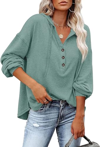 VIGVAN Kapuzenpullover Damen Hoodie Langarm V-Ausschnitt Pullover Knopfleiste Henley Sweatshirt mit Kapuze Kordelzug Oberteil (See Blau,L) von VIGVAN