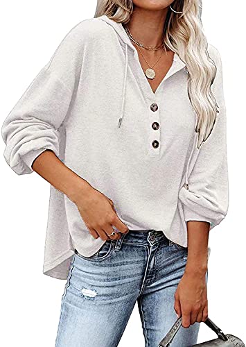 VIGVAN Kapuzenpullover Damen Hoodie Langarm V-Ausschnitt Pullover Knopfleiste Henley Sweatshirt mit Kapuze Kordelzug Oberteil (Weiß,M) von VIGVAN