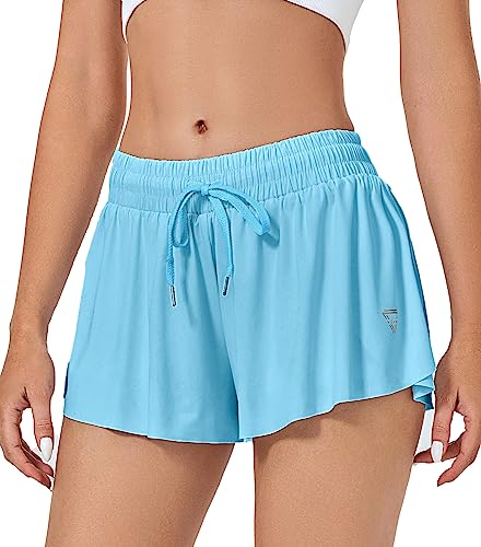 VIGVAN Shorts Damen Sommer Sport Shorts Kurze Hose 2 in 1 Flowy Running Shorts Yoga Biker Shorts Schnelltrocknende Gym Fitness Shorts Sportrock Damen (Hellblau, L) von VIGVAN