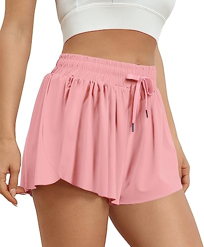 VIGVAN Shorts Damen Sommer Sport Shorts Kurze Hose 2 in 1 Flowy Running Shorts Yoga Biker Shorts Schnelltrocknende Gym Fitness Shorts Sportrock Damen (Hellpink, M) von VIGVAN