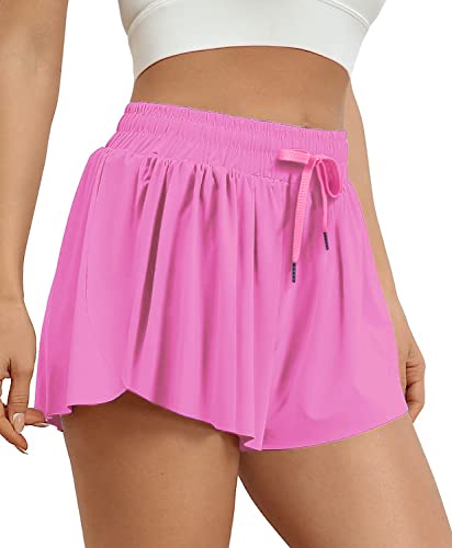 VIGVAN Shorts Damen Sommer Sport Shorts Kurze Hose 2 in 1 Flowy Running Shorts Yoga Biker Shorts Schnelltrocknende Gym Fitness Shorts Sportrock Damen (Rosa, L) von VIGVAN