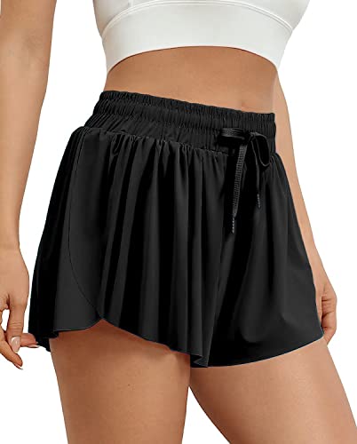 VIGVAN Shorts Damen Sommer Sport Shorts Kurze Hose 2 in 1 Flowy Running Shorts Yoga Biker Shorts Schnelltrocknende Gym Fitness Shorts Sportrock Damen (Schwarz, XL-1) von VIGVAN