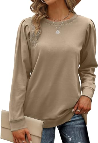 VIGVAN Sweatshirt Damen Rundhals Basic Langarmshirt Pullover Oberteile Herbst Casual Shirts Tops (Khaki, XXL) von VIGVAN