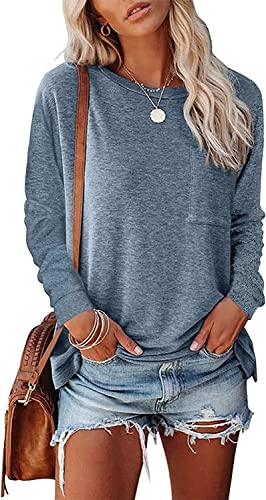 VIGVAN Tshirt Damen Rundhals Oberteile Langarm/Kurzarm Einfarbig Langarmshirt Elegant Lose Casual Longshirt Tunika Tops (L, Blau-1) von VIGVAN