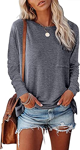 VIGVAN Tshirt Damen Rundhals Oberteile Langarm/Kurzarm Einfarbig Langarmshirt Elegant Lose Casual Longshirt Tunika Tops (L, Dunkelgrau) von VIGVAN