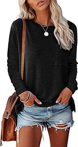 VIGVAN Tshirt Damen Rundhals Oberteile Langarm/Kurzarm Einfarbig Langarmshirt Elegant Lose Casual Longshirt Tunika Tops (L, Schwarz) von VIGVAN