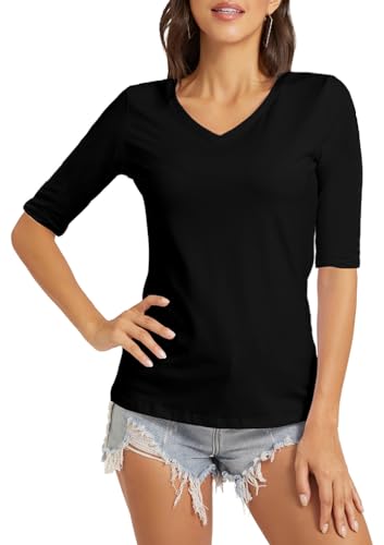 VIIOO Damen Basic Halbarm V-Ausschnitt T-Shirt Casual Solid Slim Baumwolle Top, 241 - Schwarz, Mittel von VIIOO