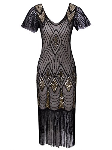 VIJIV Damen 1920 Gatsby Pailletten Perlen langen Fransen Flapper-Kleid mit Ärmeln Inspired xx-large / uk20 / eu48 beige gold- von VIJIV