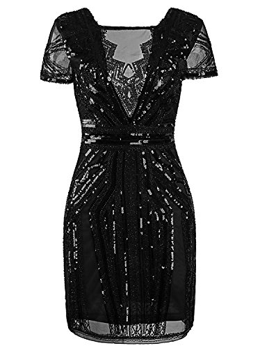 VIJIV Damen 1920 Kurze Abendkleider mit V-Ausschnitt Inspired Paillette-Cocktail-Flapper-Kleid xl / uk16-18 / eu44-46 pures schwarz von VIJIV