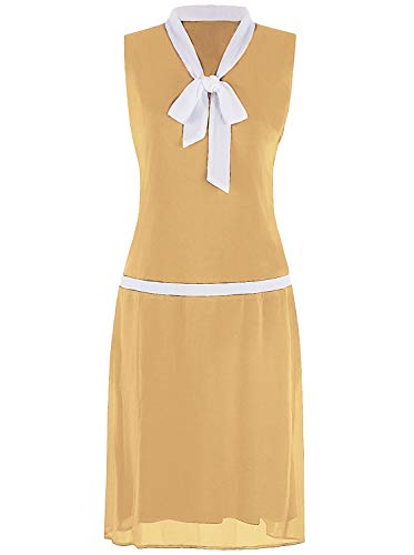 VIJIV Damen 1920er-Jahre-Kleid, V-Ausschnitt, graue Schleife, 20er-Jahre, tolles Gatsby-Kleid - Gelb - Groß VIJIV Damen 1920er-Jahre-Kleid, V-Ausschnitt, graue Schleife, 20er-Jahre, tolles Gatsby-Kleid - Gelb - Groß von VIJIV