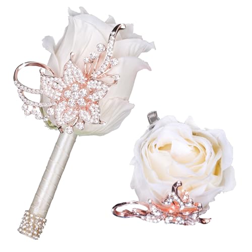 Vijiv Bling Boutonniere für Herren, Hochzeit, Taschen-Boutonniere mit Stecknadeln für Trauzeugen, Bräutigam, künstliche Rosenblumen für Abschlussball, Zeremonie, Jahrestag, formelle Dinner-Party von VIJIV