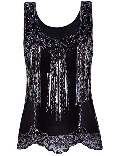 Vijiv Damen 1920 Vintage Perlen Tops Flapper Evening Top Roaring 20s Sequin Great Gatsby Tank Top Klein Schwarz von VIJIV
