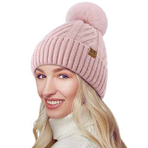 VIKEY Bommelmütze Damen - Winter Warm Strickmütze mit Bommel Fleece-Futter Gefütterte Mütze Beanie Pom Pom Wintermütze Weihnachts Geschenk-Rosa-Einheitsgröße von VIKEY