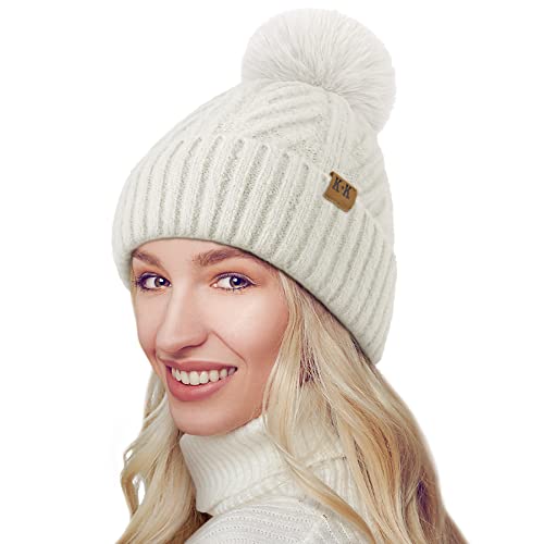 VIKEY Bommelmütze Damen - Winter Warm Strickmütze mit Bommel Fleece-Futter Gefütterte Mütze Beanie Pom Pom Wintermütze Weihnachts Geschenk-Weiß-Einheitsgröße von VIKEY