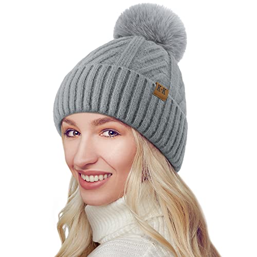 VIKEY Mütze Damen mit Bommel - Warme Strickmütze Fleecefutter Wintermütze Cuffed Beanie Damen Winter Bommelmütze von VIKEY