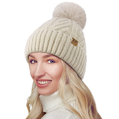 VIKEY Mütze Damen mit Bommel - Warme Strickmütze Fleecefutter Wintermütze Cuffed Beanie Damen Winter Bommelmütze von VIKEY