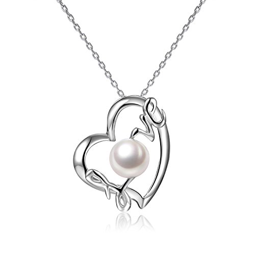 VIKI LYNN Damen Kette Herz Kette Perlenkette Sterling Silber 925 Perlen Halskette Perlenkette mit echte Suesswasser Perlen Herz Anhaenger Muttertag Geschenk von VIKI LYNN