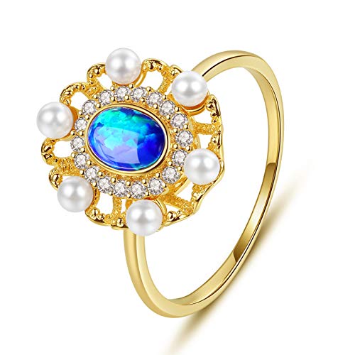 VIKI LYNN Damen blauer Opal Ring mit Perlen aus 18K vergoldetem Hochzeits-Verlobungsschmuck für Frauen Ringgröße 54 (17.2) von VIKI LYNN