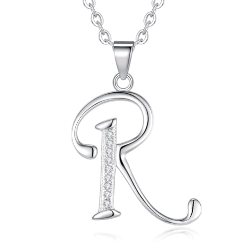 VIKI LYNN Initial Anhänger R 925 Sterling Silber Buchstabe Halskette mit Zirkonia Personalisierte Geschenke für Frauen Damen Mädchen von VIKI LYNN