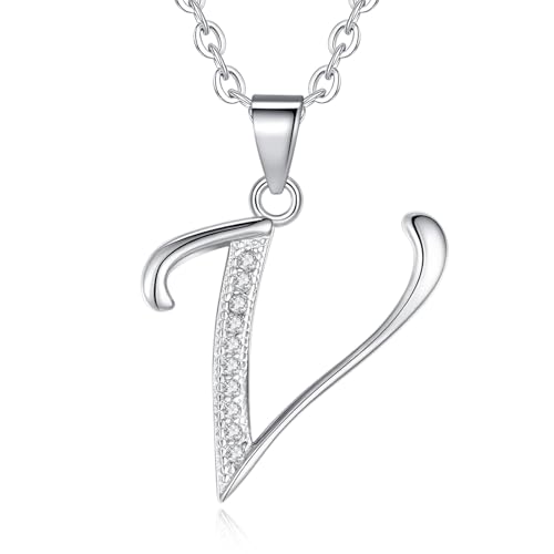 VIKI LYNN Initial Anhänger V 925 Sterling Silber Buchstabe Halskette mit Zirkonia Personalisierte Geschenke für Frauen Damen Mädchen von VIKI LYNN