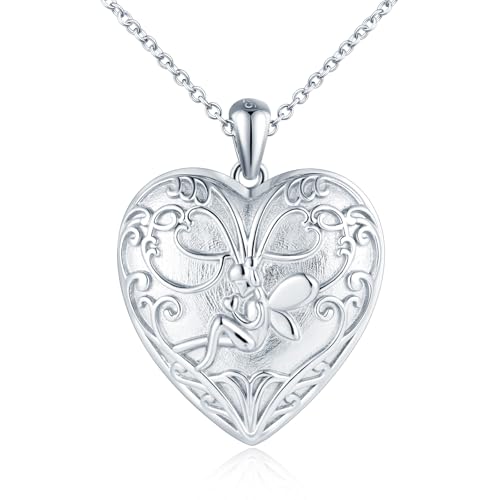 Herz Foto Kette Silber 925: Halskette Damen Engel Medaillon zum Öffnen für Bilder - Mode Blumenfee Anhänger Ketten Amulett Schmuck - Personalisierte Geschenk für Frauen Mama Freundin Mädchen Silber von VIKILEE