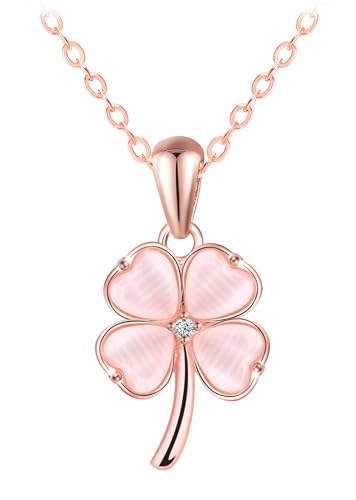 VIKILEE 925 Sterling Silber Halskette, vierblättriges Kleeblatt Herz Anhänger, Katzenauge Steinfassung, geeignet für gute Freunde, Freundinnen. von VIKILEE