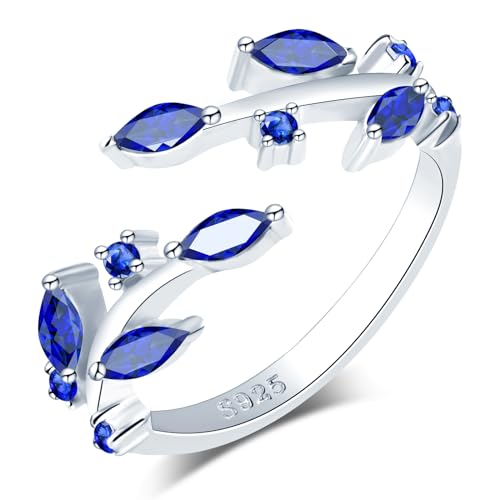 VIKILEE Damen Ringe S925 Sterling Silber Blatt und blauer Zirkonia Einstellung Ringe verstellbare Größe für Freundin Jahrestag VerlobungsRinge von VIKILEE