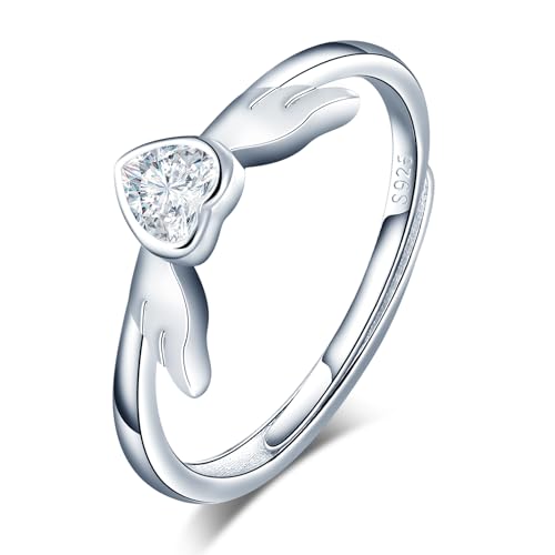 VIKILEE Damen Ringe S925 Sterling Silber Ringe Engelsflügel Gespleißt Herz Zirkonia Einstellung Ringe Einstellbare Größe Für Freundin Jahrestag VerlobungsRinge von VIKILEE